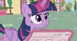 Size: 1251x680 | Tagged: safe, derpibooru import, screencap, twilight sparkle, twilight sparkle (alicorn), alicorn, pony, testing testing 1-2-3, female, hub logo, mare, meme, youtube caption