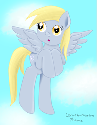 Size: 661x853 | Tagged: safe, artist:wrath-marionphauna, derpy hooves, cloud, digital art, flying, solo, surprised