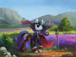 Size: 1400x1057 | Tagged: safe, artist:asimos, rarity, pony, unicorn, clothes, female, hat, mare, rapier, scenery, solo, sword, weapon