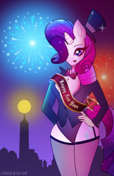 Size: 900x1390 | Tagged: safe, artist:lennonblack, rarity, anthro, unicorn, beautiful, beauty mark, bowtie, clothes, cute, eyes closed, eyeshadow, female, fireworks, garter belt, happy new year, hat, holiday, leotard, makeup, mare, raribetes, shiny, socks, solo, sparkles, thick, thigh highs, top hat, tuxedo