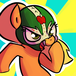 Size: 1000x1000 | Tagged: safe, artist:rustydooks, applejack, earth pony, pony, lucha libre, luchador, mask, solo, sunburst background