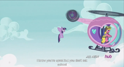 Size: 1251x681 | Tagged: safe, derpibooru import, screencap, cherry berry, twilight sparkle, twilight sparkle (alicorn), alicorn, pony, testing testing 1-2-3, aviator hat, female, hat, helicopter, mare, meme, pedalcopter, youtube caption