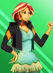 Size: 2070x2850 | Tagged: safe, alternate version, artist:rittaruzira, sunset shimmer, equestria girls, clothes, female, fist, green background, jacket, pants, signature, simple background, smiling, solo