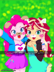 Size: 1536x2048 | Tagged: safe, artist:uotapo, pinkie pie, sunset shimmer, equestria girls, blush sticker, blushing, caption, cat ears, cute, dog ears, duo, muzzle, selfie, snapchat, snapchat filter