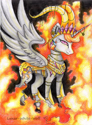 Size: 2461x3358 | Tagged: safe, artist:lunar-white-wolf, idw, nightmare star, princess celestia, alicorn, pony, armor, corrupted, evil, fire, jewelry, official comic, queen, rapidash, solo, traditional art