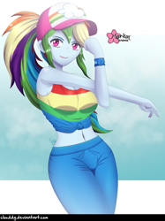 Size: 1000x1335 | Tagged: safe, artist:clouddg, derpibooru import, rainbow dash, better together, equestria girls, spring breakdown, baseball cap, belly button, breasts, cap, clothes, female, front knot midriff, hat, looking at you, midriff, rainboob dash, sexy, smiling, solo, stupid sexy rainbow dash