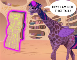 Size: 841x662 | Tagged: safe, artist:toonbat, derpibooru import, twilight sparkle, twilight sparkle (alicorn), alicorn, giraffe, testing testing 1-2-3, exploitable meme, giraffied, i am not that tall, meme, photoshop, rainbow dash's centerfold, solo, species swap, tall