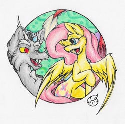 Size: 1488x1481 | Tagged: safe, artist:nekotigerfire, discord, fluttershy, pegasus, pony, blushing, discoshy, female, looking at each other, male, one eye closed, open mouth, shipping, smiling, spread wings, straight, traditional art, wink