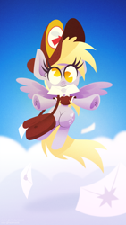 Size: 1440x2560 | Tagged: safe, artist:hazelnoods, artist:jw_cartoonist, derpy hooves, pegasus, pony, collaboration, cloud, cute, derpabetes, ear fluff, female, flying, hat, letter, looking at you, mailmare, mailmare hat, mailmare uniform, mare, no pupils, pacman eyes, sky, solo