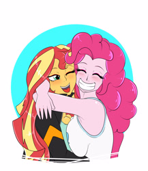 Size: 2600x3000 | Tagged: safe, artist:albertbm, pinkie pie, sunset shimmer, equestria girls, armpits, asymmetrical docking, big breasts, blushing, boob squish, breasts, cleavage, clothes, cute, eyes closed, female, grin, high res, hug, pinkie pies, smiling, sunset jiggler, symmetrical docking