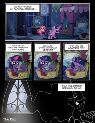 Size: 1275x1650 | Tagged: safe, artist:dsana, princess celestia, smarty pants, spike, twilight sparkle, alicorn, dragon, pony, comic:lessons, baby spike, comic, dialogue, dsana is trying to murder us, filly, filly twilight sparkle, implied nightmare moon, implied princess luna, magic, mare in the moon, moon, sleeping