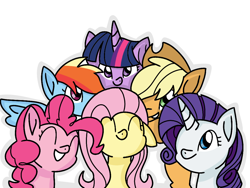 Size: 1024x768 | Tagged: safe, artist:winter-scarf, derpibooru import, applejack, fluttershy, pinkie pie, rainbow dash, rarity, twilight sparkle, earth pony, pegasus, pony, unicorn, cute, dashabetes, diapinkes, eyes closed, female, jackabetes, mane six, mare, missing eye, raribetes, shyabetes, simple background, smiling, twiabetes, white background