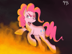 Size: 1600x1200 | Tagged: safe, artist:thethunderpony, pinkie pie, earth pony, pony, eyebrows, fire, jumping, sketch, solo