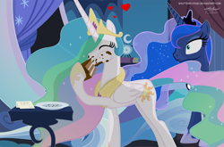 Size: 2913x1923 | Tagged: safe, artist:shutterflyeqd, princess celestia, princess luna, alicorn, pony, cake, cakelestia, eating, food, hilarious in hindsight in description, royal sisters