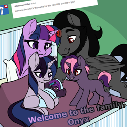 Size: 800x800 | Tagged: safe, artist:rainbowdrool, derpibooru import, king sombra, twilight sparkle, twilight sparkle (alicorn), oc, oc:misty, oc:obsidian, oc:onyx, alicorn, pony, unicorn, alicornified, ask, baby, baby pony, blank flank, broken horn, colt, family, female, filly, from dust to mist, horn, male, mare, newborn, offspring, parent:king sombra, parent:twilight sparkle, parents:twibra, race swap, shipping, smiling, sombracorn, stallion, straight, tumblr, tumblr:from dust to mist, twibra