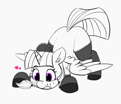 Size: 1280x1101 | Tagged: safe, artist:pabbley, twilight sparkle, twilight sparkle (alicorn), alicorn, pony, blushing, clothes, cute, duster, face down ass up, female, floating heart, heart, maid, maid headdress, mare, monochrome, mouth hold, partial color, shoes, simple background, sketch, smiling, solo, stockings, thigh highs, twiabetes, white background