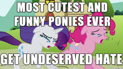 Size: 610x343 | Tagged: safe, edit, edited screencap, screencap, pinkie pie, rarity, earth pony, pony, unicorn, putting your hoof down, crying, drama, image macro, meme, sad