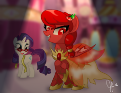 Size: 900x690 | Tagged: safe, artist:panda-jenn, rarity, oc, oc:spicy demon, demon, pony, unicorn, clothes, dress, spicy