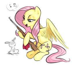 Size: 1280x1170 | Tagged: safe, artist:asadama, artist:imalou, angel bunny, fluttershy, pegasus, pony, gun, music notes, ponies with guns, rifle