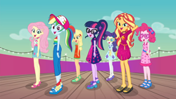 Size: 1920x1080 | Tagged: safe, applejack, fluttershy, pinkie pie, rainbow dash, rarity, sci-twi, sunset shimmer, twilight sparkle, better together, equestria girls, i'm on a yacht, cruise outfit, cute, dancing, dashabetes, diapinkes, feet, female, humane five, humane seven, humane six, legs, raribetes, sandals, shimmerbetes, shyabetes, sleeveless, twiabetes