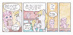 Size: 990x473 | Tagged: safe, artist:lost marbles, derpy hooves, pinkie pie, earth pony, pegasus, pony, comic:derpy - stripper extraordinaire, comic, comic strip, dialogue, female, females only, traditional art