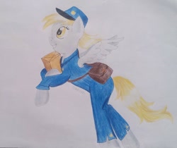 Size: 1024x859 | Tagged: safe, artist:wrath-marionphauna, derpy hooves, pegasus, colored pencil drawing, flying, mail, mailbag, mailbox, mailmare, mailpony uniform, smiling, solo, traditional art
