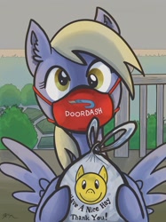 Size: 1280x1707 | Tagged: safe, artist:catscratchpaper, derpy hooves, pegasus, pony, bag, coronavirus, covid-19, cute, delivery, derp, derpabetes, doordash, ear fluff, face mask, female, food, helpful, hoof hold, looking at you, mare, mask, porch, pun, solo, spread wings, wings