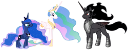 Size: 2089x824 | Tagged: safe, derpibooru import, edit, king sombra, princess celestia, princess luna, alicorn, pony, alicornified, alternate universe, armor, celestibra, celumbra, covered cutie mark, crown, cutie mark, diplomacy, ethereal mane, female, hidden cutie mark, hoof shoes, implied celestibra, implied celumbra, implied lumbra, implied polyamory, implied shipping, jewelry, king sombra gets all the mares, long horn, lumbra, majestic, male, mane, mare, mysterious, ot3, peytral, polyamory, race swap, regal, regalia, royalty, serious, serious face, shipping, shipping fuel, sombracorn, stallicorn, stallion, starry mane, stoic, straight, stupid sexy sombra, trio