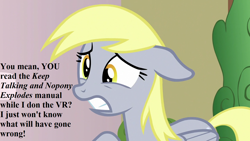 Size: 1280x720 | Tagged: safe, edit, edited screencap, screencap, derpy hooves, triple threat, floppy ears, keep talking and nobody explodes, offscreen character, speech, talking