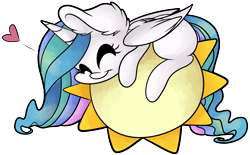 Size: 7876x4894 | Tagged: safe, artist:cutepencilcase, princess celestia, alicorn, pony, absurd resolution, cute, cutelestia, ear fluff, eyes closed, female, fluffy, heart, hug, mare, missing accessory, missing cutie mark, prone, simple background, smiling, solo, sun, tangible heavenly object, transparent background