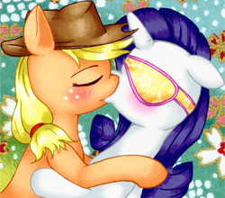 Size: 554x487 | Tagged: safe, artist:kunshomo, applejack, rarity, earth pony, pony, unicorn, blindfold, blushing, female, kissing, lesbian, pixiv, rarijack, shipping, sleep mask