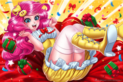 Size: 2000x1333 | Tagged: safe, alternate version, artist:racoonsan, pinkie pie, human, equestria girls, anime, beautiful, boots, clothes, cute, diapinkes, dress, female, happy, happy new year, happy new year 2019, high heel boots, holiday, humanized, nail polish, open mouth, ponk, shoes, skirt, smiling, socks, solo, thigh highs, thighs, year of the pig, zettai ryouiki