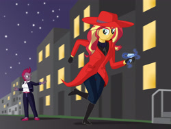 Size: 3600x2700 | Tagged: safe, artist:miipack603, sunset shimmer, tempest shadow, equestria girls, aura, belt, belt buckle, blouse, boots, building, business suit, businessmare, canon, carmen sandiego, city, cityscape, clothes, coat, complex background, diamond, equestria girls-ified, female, gloves, glow, hat, light, magic, manehattan, motion blur, night, pants, perspective, pointing, running, scenic background, shadow, shoes, simple shading, stairs, stars, street, suit, sweater, wide-brimmed hat, woman