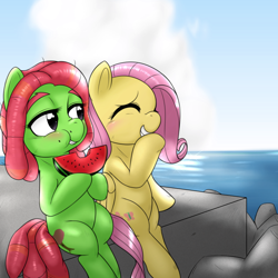 Size: 1000x1000 | Tagged: safe, artist:ushiro no kukan, fluttershy, tree hugger, pegasus, pony, female, mare, watermelon