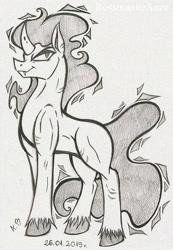 Size: 1618x2338 | Tagged: safe, artist:rossmaniteanzu, derpibooru import, king sombra, pony, male, monochrome, pencil drawing, scar, simple background, solo, standing, traditional art, unshorn fetlocks, white background