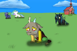 Size: 5400x3600 | Tagged: safe, artist:jamiecakes349, discord, princess celestia, princess luna, queen chrysalis, alicorn, changeling, changeling queen, draconequus, nymph, pony, cewestia, crying, cute, cutealis, discute, female, filly, sad, woona, younger
