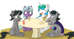 Size: 2030x1082 | Tagged: safe, artist:pzkratzer, derpibooru import, idw, king sombra, princess celestia, radiant hope, alicorn, pony, unicorn, cocktail, good king sombra, reformed sombra, sitting, sketch, table