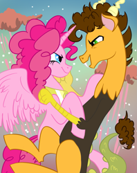 Size: 997x1260 | Tagged: safe, artist:carranzis, cheese sandwich, pinkie pie, alicorn, draconequus, pony, alicornified, alternate universe, cheesepie, draconequified, eye contact, female, glare, hilarious in hindsight, hug, male, oh crap, open mouth, pinkiecorn, race swap, shipping, smirk, species swap, spread wings, straight, the end is neigh, xk-class end-of-the-world scenario