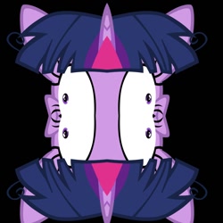 Size: 900x900 | Tagged: safe, derpibooru import, twilight sparkle, black background, mirrored, nightmare fuel, simple background, solo, unitinu, what has science done, wide eyes