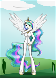 Size: 900x1248 | Tagged: safe, artist:rosvo, princess celestia, alicorn, anthro, unguligrade anthro, arm hooves, bodysuit, breasts, clothes, commission, costume, female, latex, latex suit, pony costume, ponysuit, princess breastia, skinny, solo, spread wings, watermark