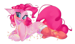 Size: 3408x2000 | Tagged: safe, artist:jun1313, pinkie pie, earth pony, pony, blushing, christmas, christmas lights, clothes, holiday, missing cutie mark, simple background, socks, solo, stockings, thigh highs, transparent background