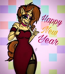 Size: 1266x1431 | Tagged: safe, alternate version, artist:palmartz44, oc, anthro, unicorn, bra strap, choker, clothes, dress, garter belt, happy new year, holiday, messy mane, new year, socks, solo, stockings, thigh highs