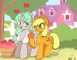 Size: 900x705 | Tagged: safe, artist:susu, applejack, oc, earth pony, pony, apple tree, canon x oc, sweet apple acres