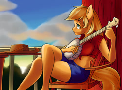 Size: 1720x1280 | Tagged: safe, artist:skecchiart, applejack, anthro, banjo, belly button, musical instrument, sitting, solo