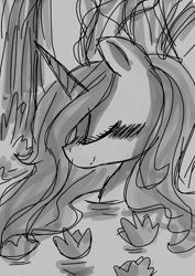 Size: 1000x1414 | Tagged: safe, artist:sonicartist2004, princess celestia, alicorn, pony, blushing, bust, eyes closed, grayscale, monochrome, portrait, sketchy, smiling, solo, water, waterlily