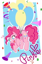 Size: 2400x3600 | Tagged: safe, artist:moonlighthouse, pinkie pie, earth pony, pony, balloon, party, party horn, solo, then watch her balloons lift her up to the sky