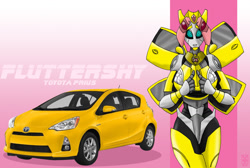 Size: 1091x732 | Tagged: safe, artist:inspectornills, fluttershy, barely pony related, car, toyota, toyota prius, toyota prius c, transformers, transformers prime