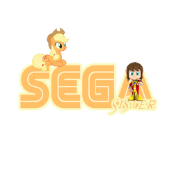 Size: 1056x1056 | Tagged: safe, artist:segasister, applejack, earth pony, pony, alex kidd, crossover, logo, pegasister, prone, pun, sega