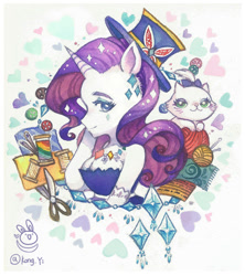 Size: 900x1012 | Tagged: safe, artist:kongyi, opalescence, rarity, anthro, cat, unicorn, clothes, dress, female, hat, mare, needle, scissors, thread, traditional art, watercolor painting