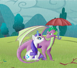 Size: 1136x1000 | Tagged: safe, artist:sfairat, rarity, spike, dragon, pony, unicorn, female, male, older, older spike, rain, shipping, sparity, straight, umbrella, wing umbrella, winged spike